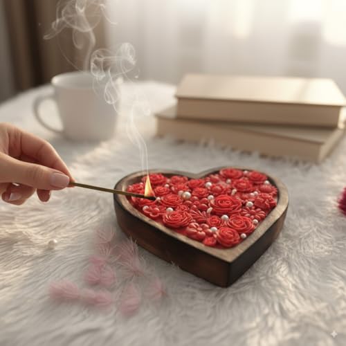 Pink Lotus Decorative Heart-Shaped Wooden Bowl Candle with Red Rose Design and Pearl Accents - Image 1