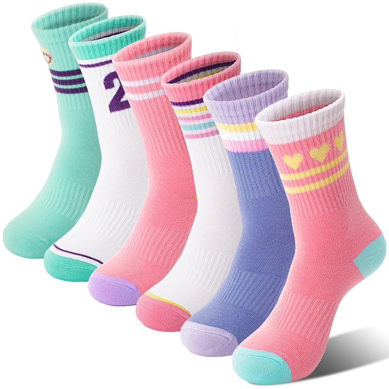 Sandsuced Kids Girls Socks Athletic Sport Basketball Youth Cotton Crew Soft White Pink Heart Gift Outdoor Socks 6 Pairs Stocking Stuffers(Candy Stripe Heart,9-15 Years) - Image 1