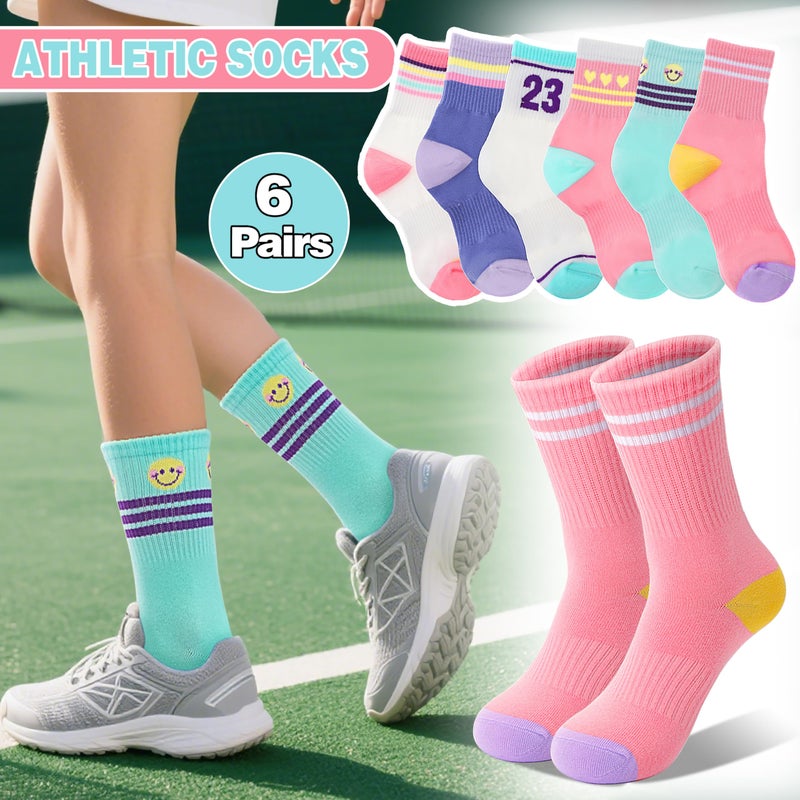 Sandsuced Kids Girls Socks Athletic Sport Basketball Youth Cotton Crew Soft White Pink Heart Gift Outdoor Socks 6 Pairs Stocking Stuffers(Candy Stripe Heart,9-15 Years) - Image 2