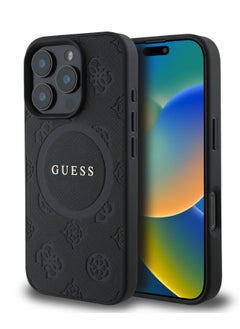 GUESS Magsafe Saffiano PU Peony Hot Stamp Pattern And Classic Logo Case for iPhone 16 Pro - Black  - Image 4