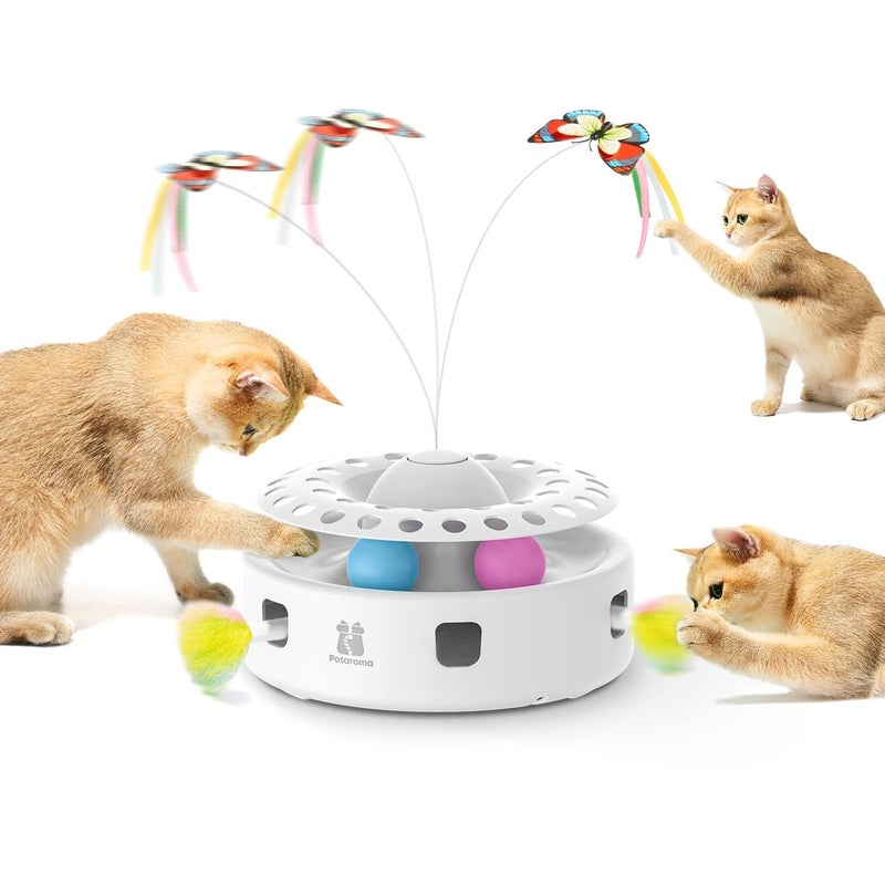 Potaroma Cat Toys 3in1 Automatic Interactive Kitten Toy, Fluttering Butterfly, Moving Feather, Track Balls, Dual Power Supplies, USB Powered, Indoor Exercise Kicker (Bright White) - Image 1