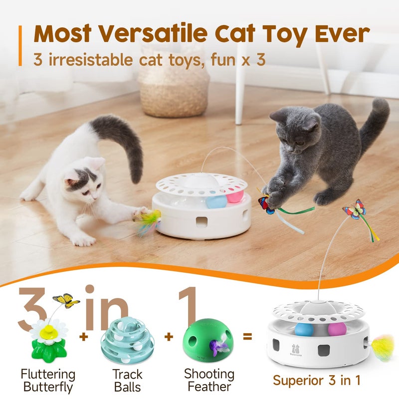 Potaroma Cat Toys 3in1 Automatic Interactive Kitten Toy, Fluttering Butterfly, Moving Feather, Track Balls, Dual Power Supplies, USB Powered, Indoor Exercise Kicker (Bright White) - Image 2