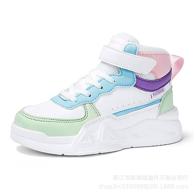 Cross-border high-top board shoes lightweight soft-soled school parent-child shoes for boys and girls casual board shoes leather top sneaker Pink and purple [velcro]