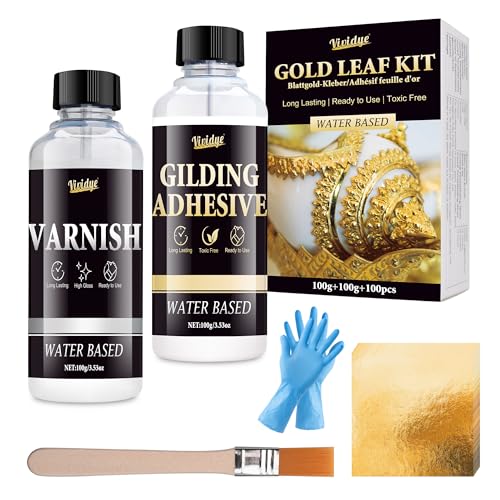 Vividye Gold Leaf Gilding Adhesive Set - 100ml Metal Leaf Glue & 100ml Protective Varnish, Gold Foil Sheets 100pcs, Fast Dry Gold Leaf Kit for Art, Crafts, Furniture and Painting, Non Toxic, Long-Lasting - Image 1