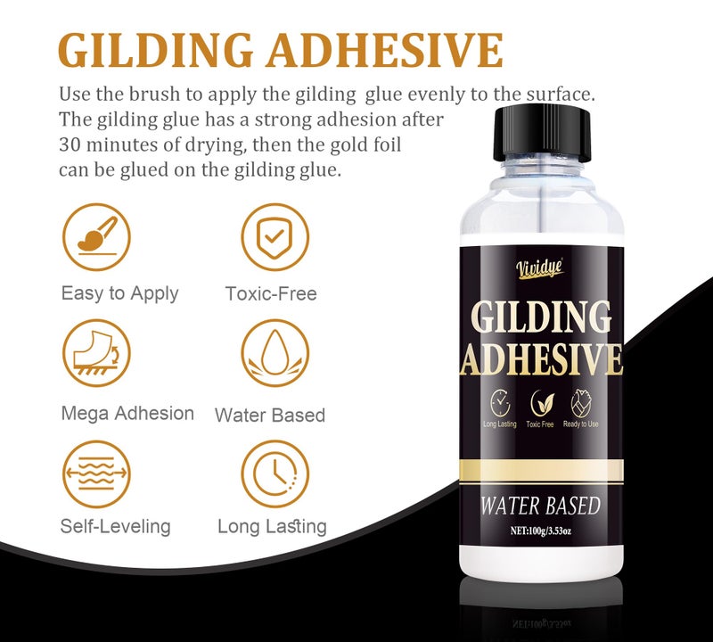 Vividye Gold Leaf Gilding Adhesive Set - 100ml Metal Leaf Glue & 100ml Protective Varnish, Gold Foil Sheets 100pcs, Fast Dry Gold Leaf Kit for Art, Crafts, Furniture and Painting, Non Toxic, Long-Lasting - Image 3