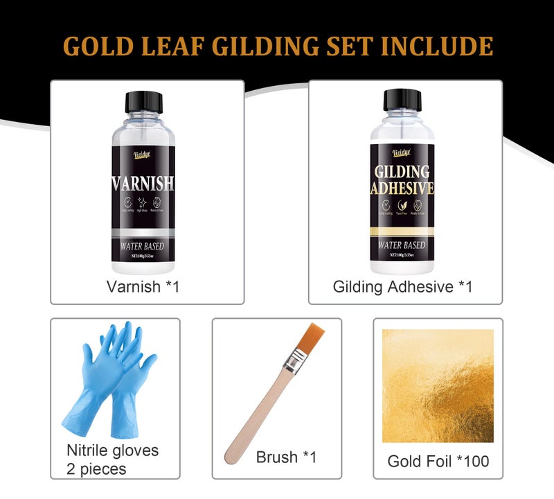 Vividye Gold Leaf Gilding Adhesive Set - 100ml Metal Leaf Glue & 100ml Protective Varnish, Gold Foil Sheets 100pcs, Fast Dry Gold Leaf Kit for Art, Crafts, Furniture and Painting, Non Toxic, Long-Lasting - Image 2