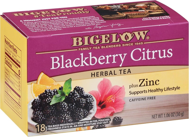 Bigelow Tea Blackberry Citrus Herbal Tea with Zinc, Caffeine Free, 18 Count Box (Pack of 6) - Image 1