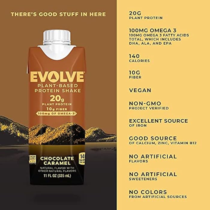 Evolve Plant Based Protein Shake, Chocolate Caramel, 20g Vegan Protein, Dairy Free, No Artificial Sweeteners, Non-GMO, 10g Fiber, 11oz, (12 Pack) - Image 2
