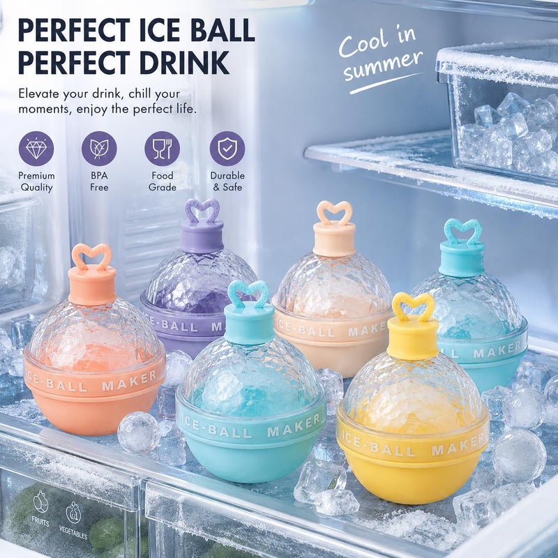 Ice Ball Maker Mold Set of 6, Reusable BPA-Free Silicone Ice Sphere Molds with Leakproof Lid, Large Round Ice Cube Makers for Coffee, Juice, Soda, Tea & Cold Drinks, Easy Fill & Release, Multicolor,6 - Image 2