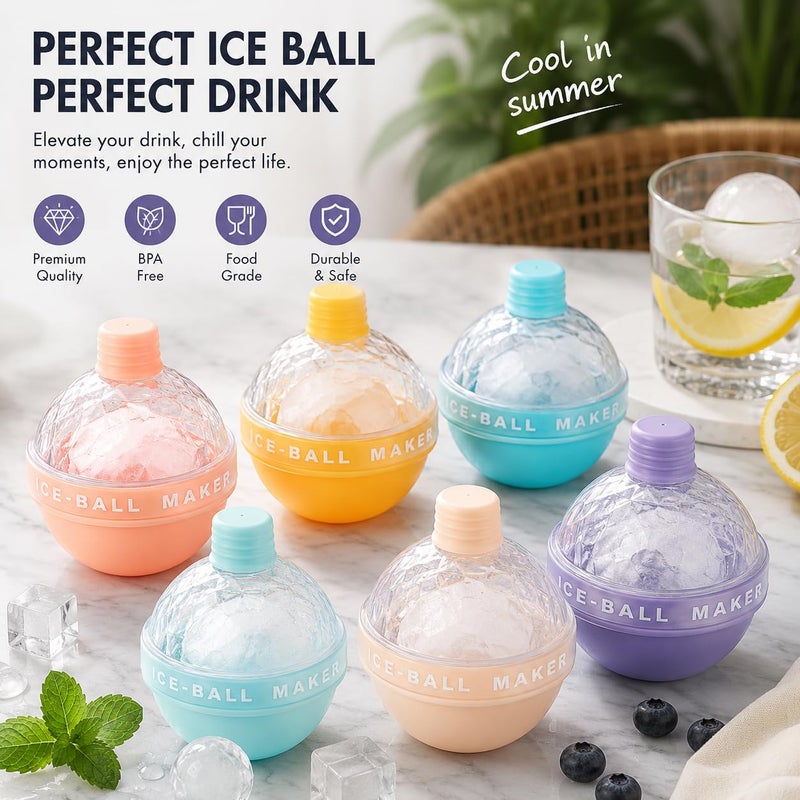 Ice Ball Maker Mold Set of 6, Reusable BPA-Free Silicone Ice Sphere Molds with Leakproof Lid, Large Round Ice Cube Makers for Coffee, Juice, Soda, Tea & Cold Drinks, Easy Fill & Release, Multicolor,6 - Image 1