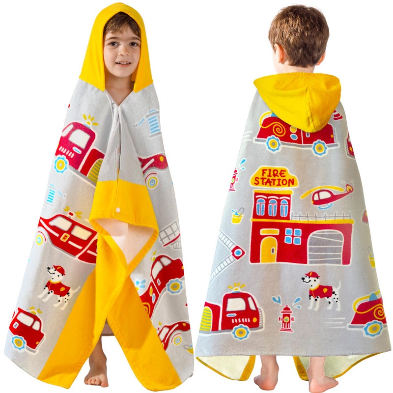 VOOVA & MOVAS VOOVA  MOVAS Kids Bath Towels for Boys Ages 310 30X50  Soft Thick Absorbent Cotton Beach  Pool  Bath Hooded Towels Yellow Fire Truck 