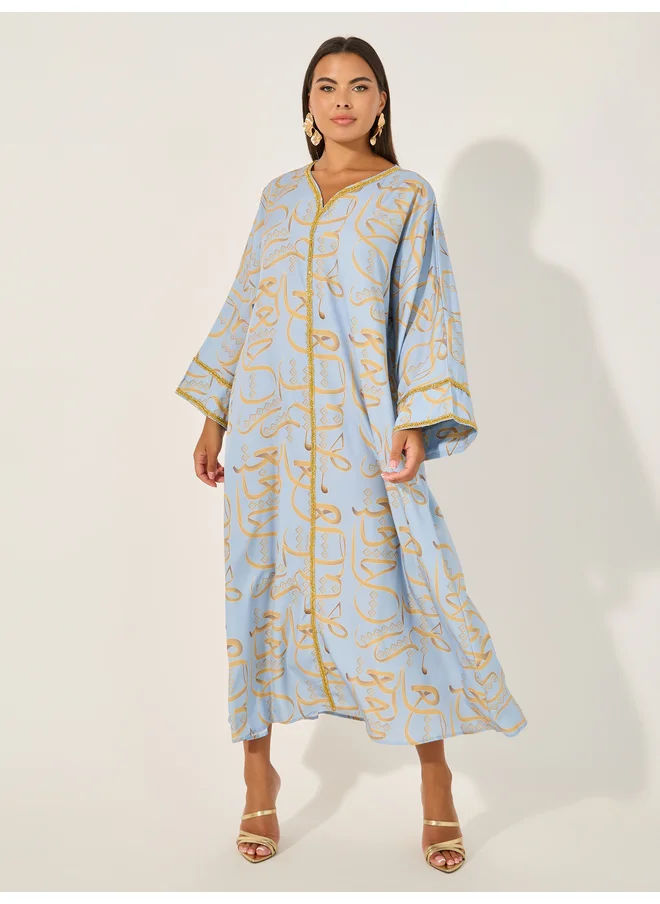 Take Two Take Two Lace Detail Printed V-Neck A-Line Jalabyia