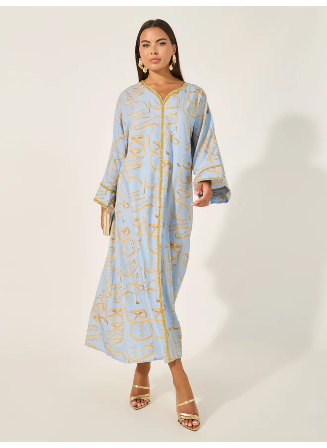 Take Two Take Two Lace Detail Printed V-Neck A-Line Jalabyia