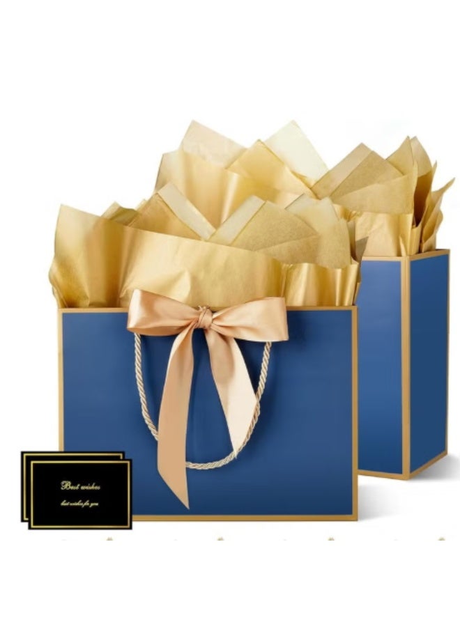 2PCS Blue Large Gift Bags with Handles, Paper Present Bags Including Ribbon, Greeting Cards and Tissue Paper, Party Favor Bags for Birthday Wedding Party Supplies (32*25*11cm)