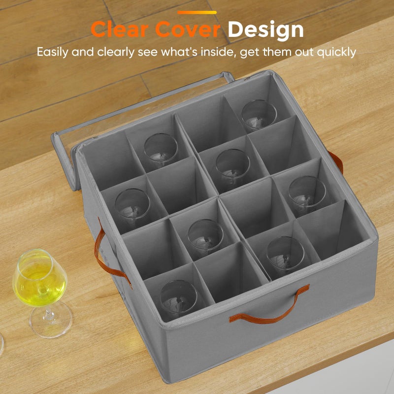 Foyego Wine Glass Storage Box with Dividers, 2 Pack Glassware Storage Containers, Stemware Storage Cases Holds 32 Wine Glasses, Stackable Crystal Storage Containers with Clear Cover for Movingï¼ŒGray - Image 5