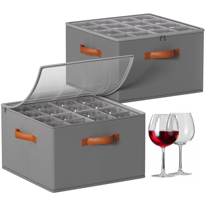 Foyego Wine Glass Storage Box with Dividers, 2 Pack Glassware Storage Containers, Stemware Storage Cases Holds 32 Wine Glasses, Stackable Crystal Storage Containers with Clear Cover for Movingï¼ŒGray - Image 1