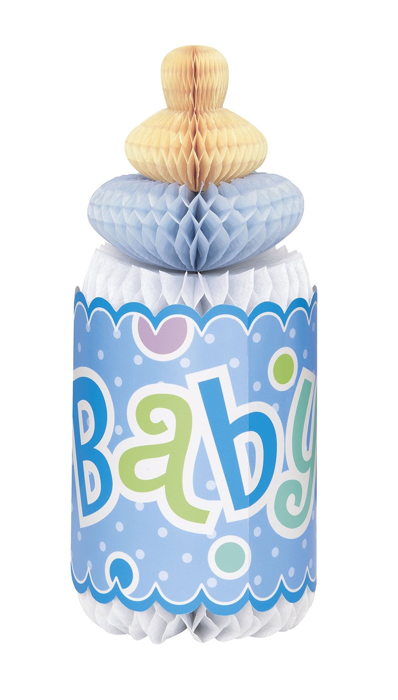 Unique Baby Shower Blue Bottle-Shaped Paper Honeycomb Decoration - 12""  1 Piece - Ideal for Gender Reveals  Baptisms  1st Birthdays - Image 1
