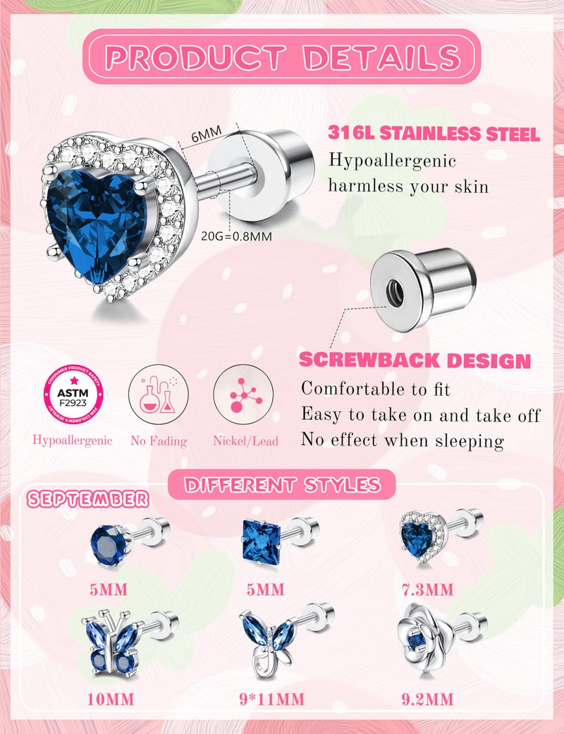 THUNARAZ Hypoallergenic Screw Back Earrings for Girls Women Surgical Stainless Steel Stud Earrings for Sensitive Ears Cute Butterfly Flower Heart CZ Earring Kid Toddler Girls Jewelry Gift 9 - Image 5