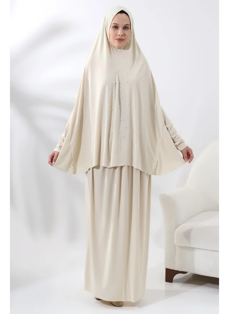 İhvan Ihvan Two Piece Prayer Dress with Pearls and Stones, Top and Bottom Practical Dress 8017 Cream