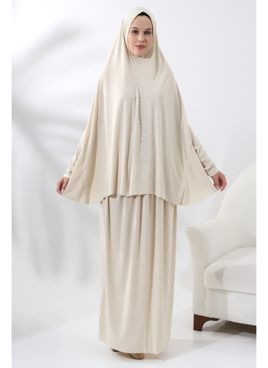 İhvan Ihvan Two Piece Prayer Dress with Pearls and Stones, Top and Bottom Practical Dress 8017 Cream  - Image 1