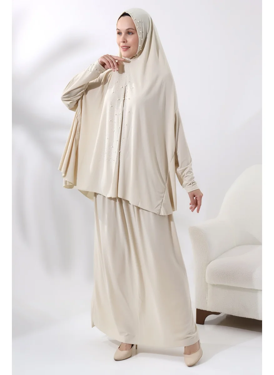 İhvan Ihvan Two Piece Prayer Dress with Pearls and Stones, Top and Bottom Practical Dress 8017 Cream