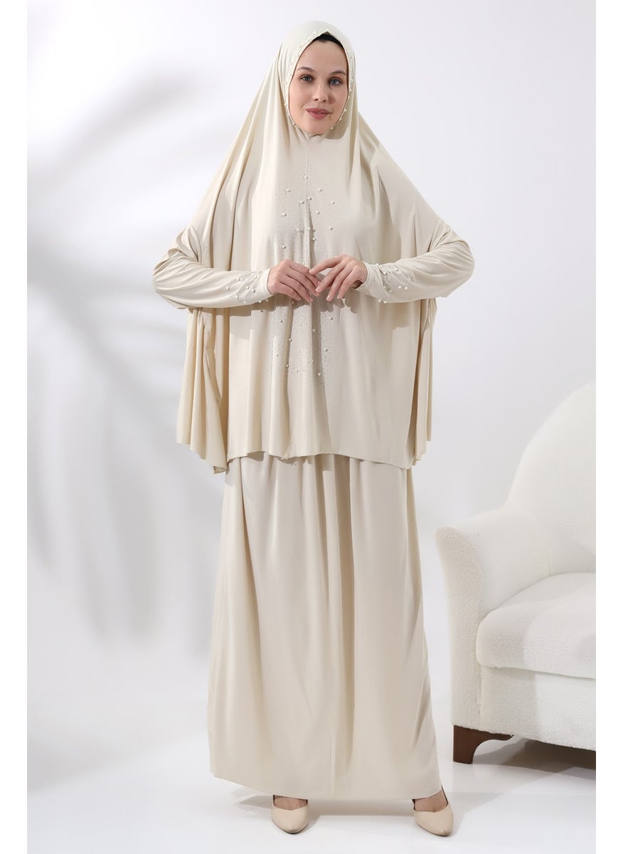 İhvan Ihvan Two Piece Prayer Dress with Pearls and Stones, Top and Bottom Practical Dress 8017 Cream  - Image 2