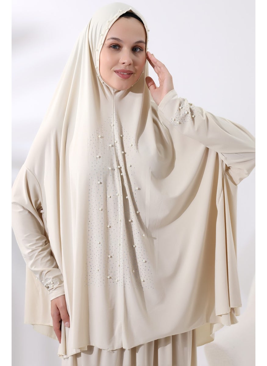 İhvan Ihvan Two Piece Prayer Dress with Pearls and Stones, Top and Bottom Practical Dress 8017 Cream  - Image 4