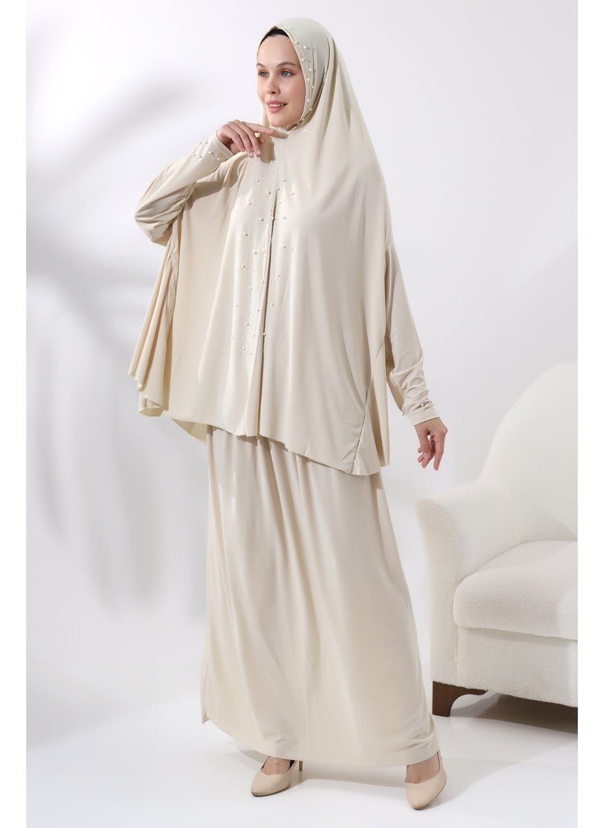 İhvan Ihvan Two Piece Prayer Dress with Pearls and Stones, Top and Bottom Practical Dress 8017 Cream  - Image 3