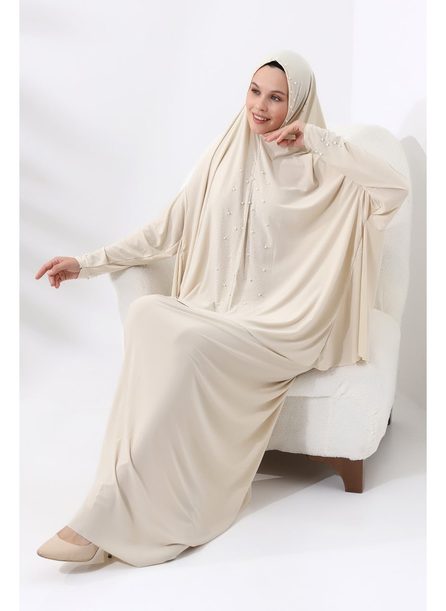 İhvan Ihvan Two Piece Prayer Dress with Pearls and Stones, Top and Bottom Practical Dress 8017 Cream  - Image 5