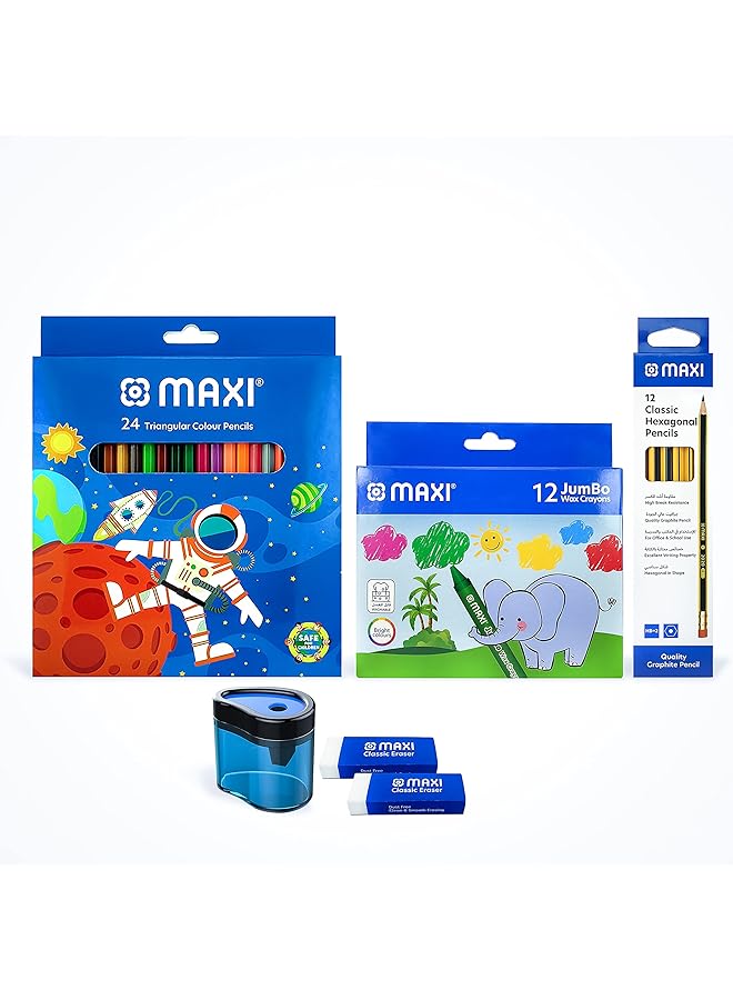 ماكسي أقلام رصاص ملونة مثلثة الشكل 24 لونًا + قلم رصاص جرافيت كلاسيكي HB مع 12 قطعة × 1 + أقلام شمعية كبيرة 12 لونًا مستديرة 90 مم + مبراة مموجة ذات فتحة واحدة + ممحاة كلاسيكية خالية من الغبار كبيرة قطعتان - Image 1