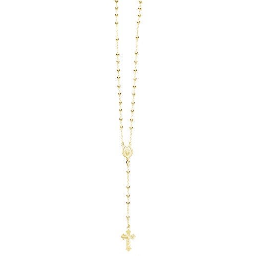 Ritastephens Rosary Necklace Virgin Mary charm and cross pendant Necklace 24 inches long by 3mm praying beads fine Italian Sterling Silver 925 yellow Gold overlay for men and women - Image 1