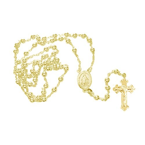 Ritastephens Rosary Necklace Virgin Mary charm and cross pendant Necklace 24 inches long by 3mm praying beads fine Italian Sterling Silver 925 yellow Gold overlay for men and women - Image 2