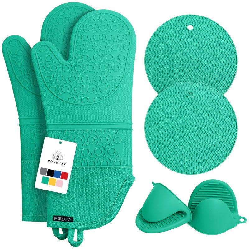Rorecay 6pcs Oven Mitts and Pot Holders Sets Heat Resistant 500 Degrees NonSlip Silicone Hot Pads Potholders for Kitchen Baking Cooking Extra Long Oven Gloves Quilted Liner Jungle