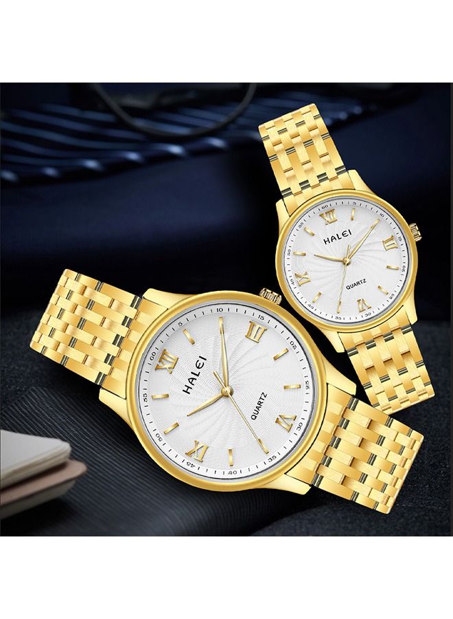 هالي ساعات زوجان زوجان من الفولاذ المقاوم للصدأ كوارتز HALEI Harley 557 - 30.5mm / 40.5mm - ذهبي / أبيض - Image 1