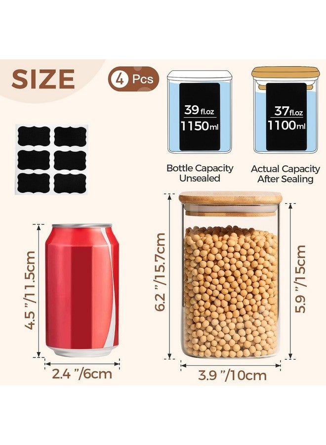 ComSaf Airtight Glass Storage Canister with Wood Lid (39oz-1200 ML), Clear Food Storage Container Jar with Sealing Bamboo Lid for Noodles Flour Cereal Rice Sugar Tea Coffee Beans, Square Set of 4 - Image 2