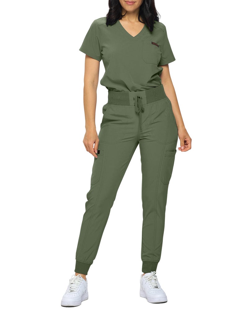 Monarch Uniforms Slim Fit Stretchy Scrubs Womens Jogger Scrub Set Slim Jogger Scrubs with TuckIn Top for Women OLIVEM