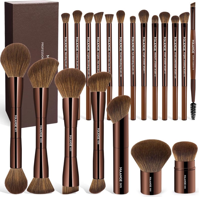 MAANGE 20 Pcs Makeup Brushes with Gift Box, Double-End Multi-functional Makeup Brushes for Blending Liquid Powder Concealer Cream Blush Buffe (Dark Brown) - Image 1