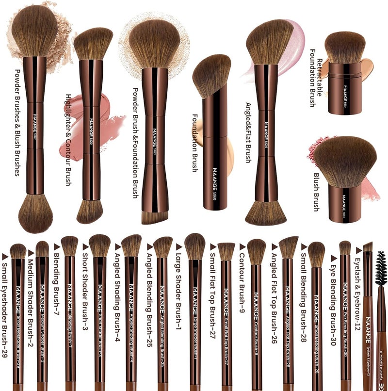 MAANGE 20 Pcs Makeup Brushes with Gift Box, Double-End Multi-functional Makeup Brushes for Blending Liquid Powder Concealer Cream Blush Buffe (Dark Brown) - Image 3
