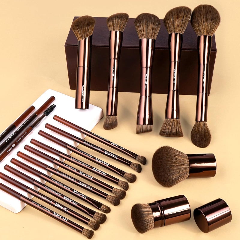MAANGE 20 Pcs Makeup Brushes with Gift Box, Double-End Multi-functional Makeup Brushes for Blending Liquid Powder Concealer Cream Blush Buffe (Dark Brown) - Image 2