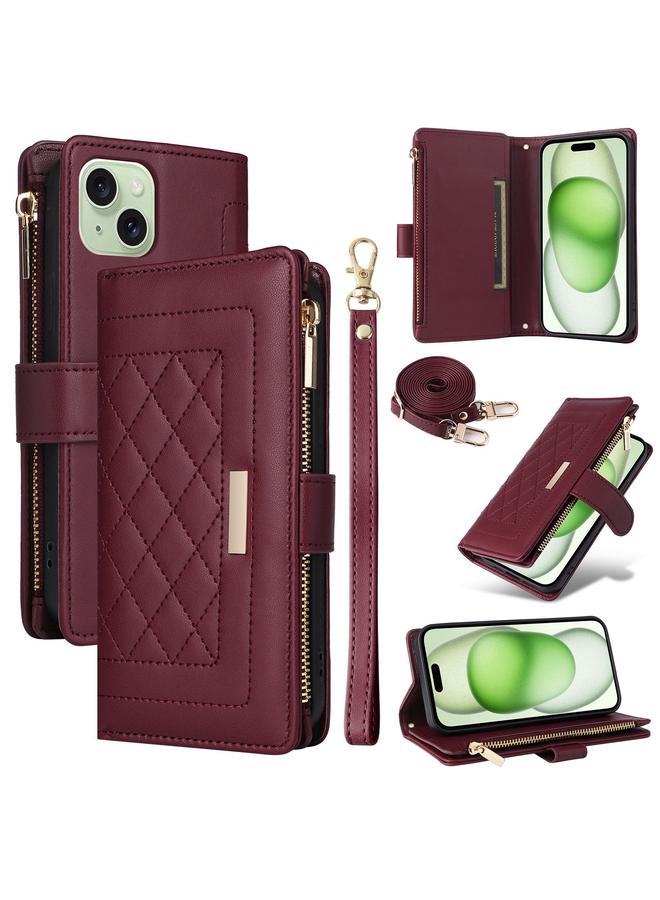 S-TOP Case For iPhone 15 Crossbody Zipper Wallet Rhombus Leather Phone Case - Image 1