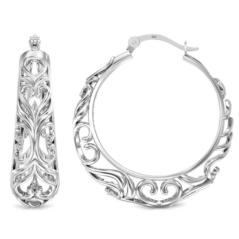 LeCalla 925 Sterling Silver Hoop Earrings for Women - Chunky Heart Filigree Earrings | Round Hoop Earrings | High Polished Classic Click-Top Filigree Earring Hoop - 27MM - Image 4