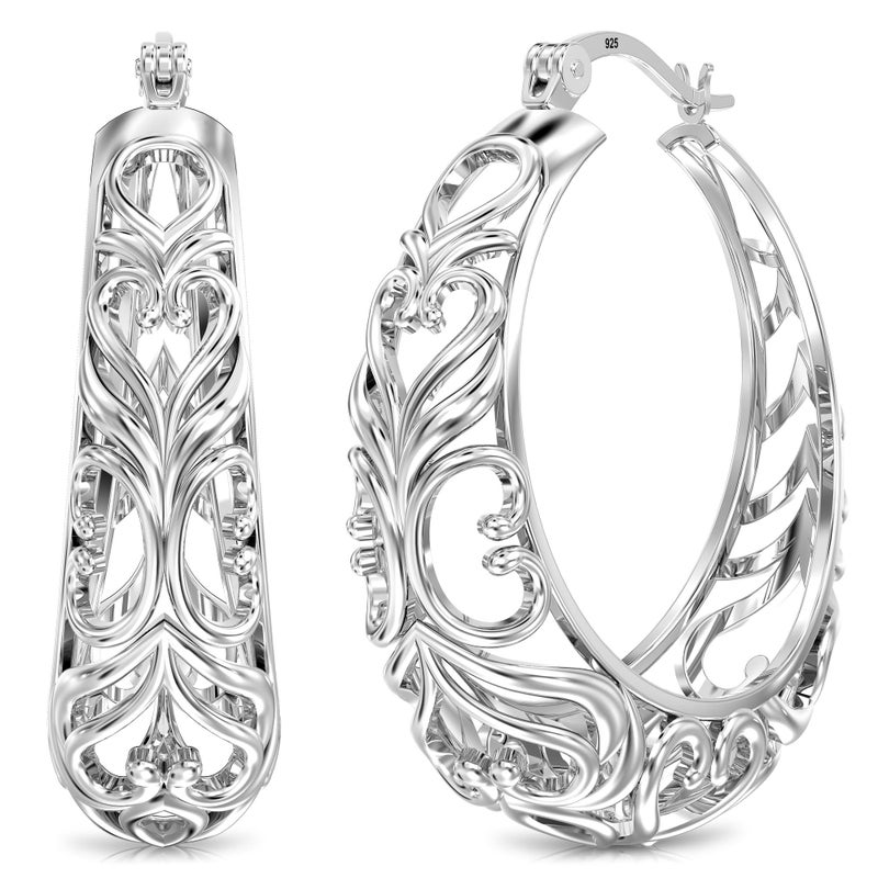 LeCalla 925 Sterling Silver Hoop Earrings for Women - Chunky Heart Filigree Earrings | Round Hoop Earrings | High Polished Classic Click-Top Filigree Earring Hoop - 27MM - Image 1