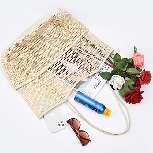 Tainehs Beach Bag - Mesh Tote Bag for Women Waterproof Pool Bag for Travel Family Pool Beach Vacation Cruise Essentials Beige - Image 3