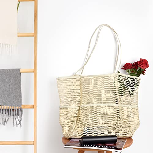 Tainehs Beach Bag - Mesh Tote Bag for Women Waterproof Pool Bag for Travel Family Pool Beach Vacation Cruise Essentials Beige - Image 4
