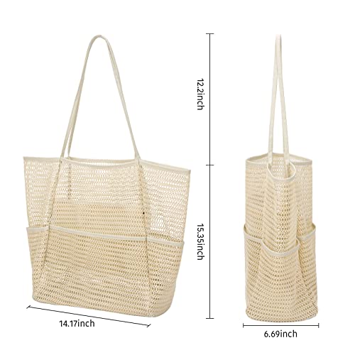 Tainehs Beach Bag - Mesh Tote Bag for Women Waterproof Pool Bag for Travel Family Pool Beach Vacation Cruise Essentials Beige - Image 2