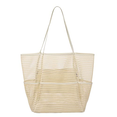 Tainehs Beach Bag - Mesh Tote Bag for Women Waterproof Pool Bag for Travel Family Pool Beach Vacation Cruise Essentials Beige - Image 1