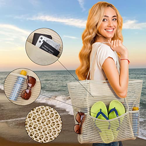 Tainehs Beach Bag - Mesh Tote Bag for Women Waterproof Pool Bag for Travel Family Pool Beach Vacation Cruise Essentials Beige - Image 5