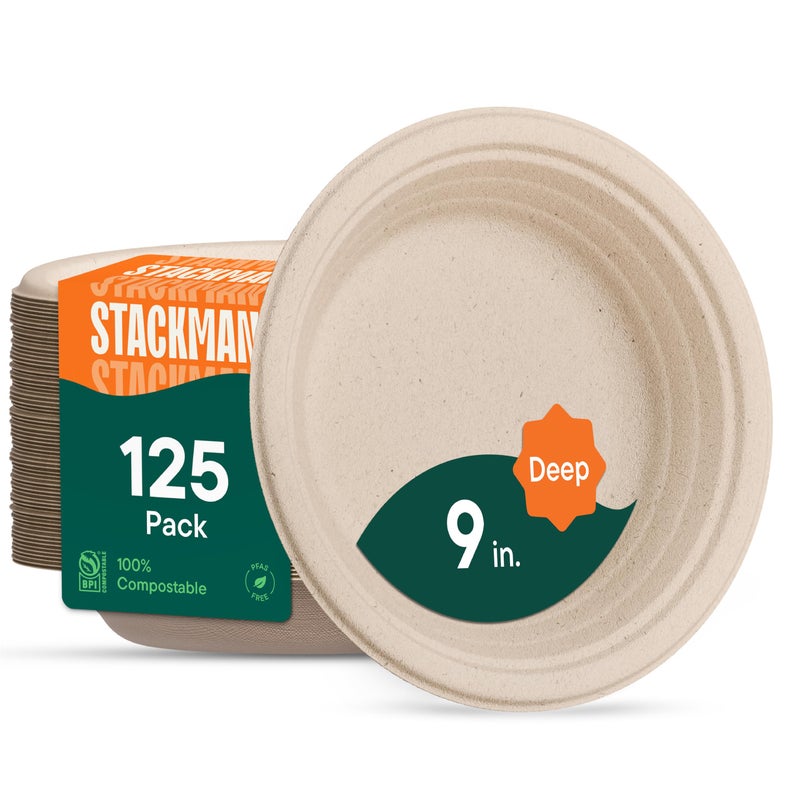 Deep Dish Paper Plates Heavy Duty Disposable Dinner Plates 125Pack 9 Inch Plates  100 Compostable EcoFriendly Biodegradable Sugarcane Bagasse Natural Brown 9 Paper Plate Disposable