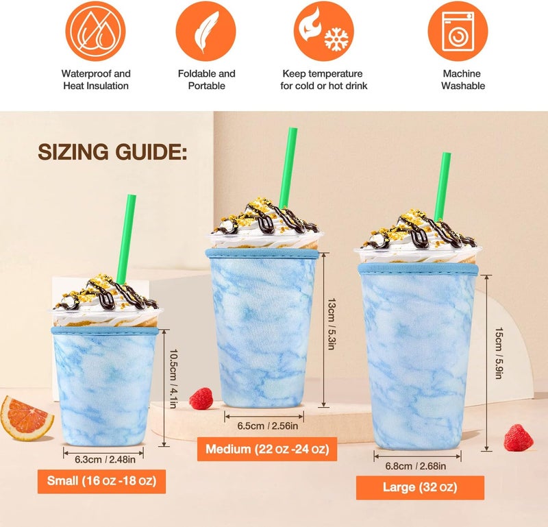 كي بي اكس Iced Coffee Cup Sleeve for Large Sized Cups, Reusable Neoprene Iced Coffee Cup Holder for Hot Cold Drinks, Compatible with Starbucks, Dunkin Donuts, and More (Blue Marble) - Image 2