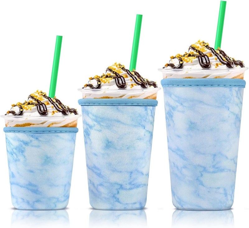 كي بي اكس Iced Coffee Cup Sleeve for Large Sized Cups, Reusable Neoprene Iced Coffee Cup Holder for Hot Cold Drinks, Compatible with Starbucks, Dunkin Donuts, and More (Blue Marble) - Image 1